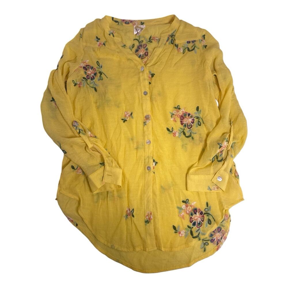 Fig & Flower Yellow Embroidered Floral Blouse Women’s Size L Button Front